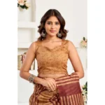 Women's Faux Linen Geometric Print Ready to wear Saree With Unstitched Blouse 5.5Mtr (Brown)