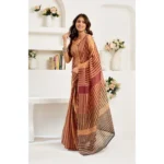 Women's Faux Linen Geometric Print Ready to wear Saree With Unstitched Blouse 5.5Mtr (Brown) - Image 3