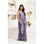Women's Faux Linen Printed Ready to wear Saree With Unstitched Blouse 5.5Mtr (Light_Lavender) - Image 3