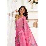 Women's Faux Linen Floral Print Ready to wear Saree With Unstitched Blouse 5.5Mtr (Pink) - Image 3