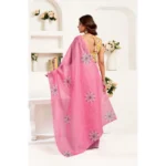 Women's Faux Linen Floral Print Ready to wear Saree With Unstitched Blouse 5.5Mtr (Pink) - Image 4