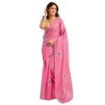 Women's Faux Linen Floral Print Ready to wear Saree With Unstitched Blouse 5.5Mtr (Pink) - Image 5