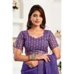 Women's Faux Linen Geometric Print Ready to wear Saree With Unstitched Blouse 5.5Mtr (Purple)