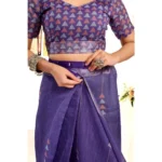 Women's Faux Linen Geometric Print Ready to wear Saree With Unstitched Blouse 5.5Mtr (Purple) - Image 2