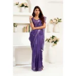 Women's Faux Linen Geometric Print Ready to wear Saree With Unstitched Blouse 5.5Mtr (Purple) - Image 3