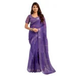 Women's Faux Linen Geometric Print Ready to wear Saree With Unstitched Blouse 5.5Mtr (Purple) - Image 5