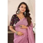 Women's Faux Linen Geometric Ready to wear Saree With Unstitched Blouse 5.5Mtr (LightPink) - Image 2