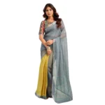Women's Faux Linen Geometric Ready to wear Saree With Unstitched Blouse 5.5Mtr (Grey) - Image 5