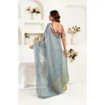 Women's Faux Linen Geometric Ready to wear Saree With Unstitched Blouse 5.5Mtr (Grey) - Image 4