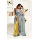 Women's Faux Linen Geometric Ready to wear Saree With Unstitched Blouse 5.5Mtr (Grey) - Image 3