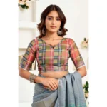 Women's Faux Linen Geometric Ready to wear Saree With Unstitched Blouse 5.5Mtr (Grey) - Image 2