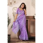 Women's Faux Linen Floral Ready to wear Saree With Unstitched Blouse 5.5Mtr (Lavender) - Image 3