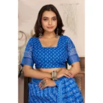 Women's Faux Linen Geometric Print Ready to wear Saree With Unstitched Blouse 5.5Mtr (Blue) - Image 2