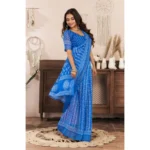 Women's Faux Linen Geometric Print Ready to wear Saree With Unstitched Blouse 5.5Mtr (Blue) - Image 3