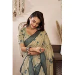 Women's Faux Linen Floral Print Ready to wear Saree With Unstitched Blouse 5.5Mtr (LightBeige) - Image 2
