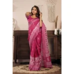 Women's Faux Linen Floral Print Ready to wear Saree With Unstitched Blouse 5.5Mtr (Pink) - Image 3