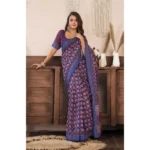Women's Faux Linen Floral Print Ready to wear Saree With Unstitched Blouse 5.5Mtr (Dark_NavyBlue) - Image 3