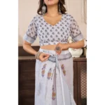 Women's Faux Linen Floral Print Ready to wear Saree With Unstitched Blouse 5.5Mtr (Off_White)