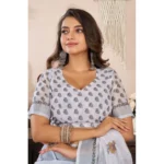 Women's Faux Linen Floral Print Ready to wear Saree With Unstitched Blouse 5.5Mtr (Off_White) - Image 2
