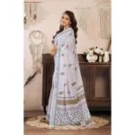 Women's Faux Linen Floral Print Ready to wear Saree With Unstitched Blouse 5.5Mtr (Off_White) - Image 3