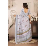 Women's Faux Linen Floral Print Ready to wear Saree With Unstitched Blouse 5.5Mtr (Off_White) - Image 4