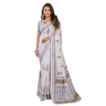 Women's Faux Linen Floral Print Ready to wear Saree With Unstitched Blouse 5.5Mtr (Off_White) - Image 5