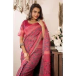 Women's Faux Linen Geometric Print Ready to wear Saree With Unstitched Blouse 5.5Mtr (Red) - Image 2