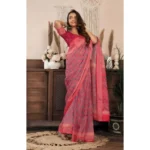 Women's Faux Linen Geometric Print Ready to wear Saree With Unstitched Blouse 5.5Mtr (Red) - Image 3