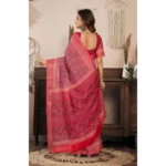 Women's Faux Linen Geometric Print Ready to wear Saree With Unstitched Blouse 5.5Mtr (Red) - Image 4