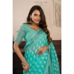 Women's Faux Linen Leaf Print Ready to wear Saree With Unstitched Blouse 5.5Mtr (SeaGreen) - Image 2