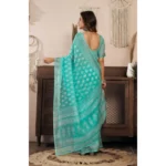 Women's Faux Linen Leaf Print Ready to wear Saree With Unstitched Blouse 5.5Mtr (SeaGreen) - Image 4