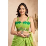 Women's Faux Linen Floral Print Ready to wear Saree With Unstitched Blouse 5.5Mtr (Green) - Image 2