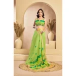 Women's Faux Linen Floral Print Ready to wear Saree With Unstitched Blouse 5.5Mtr (Green) - Image 3