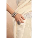 Women's Faux Linen Floral Print Ready to wear Saree With Unstitched Blouse 5.5Mtr (Cream) - Image 2