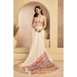 Women's Faux Linen Floral Print Ready to wear Saree With Unstitched Blouse 5.5Mtr (Cream) - Image 3