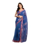 Women's Faux Linen Printed Ready to wear Saree With Unstitched Blouse 5.5Mtr (Blue) - Image 5