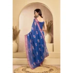 Women's Faux Linen Printed Ready to wear Saree With Unstitched Blouse 5.5Mtr (Blue) - Image 4