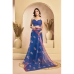 Women's Faux Linen Printed Ready to wear Saree With Unstitched Blouse 5.5Mtr (Blue) - Image 3
