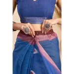 Women's Faux Linen Printed Ready to wear Saree With Unstitched Blouse 5.5Mtr (Blue) - Image 2