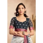 Women's Faux Linen Floral Print Ready to wear Saree With Unstitched Blouse 5.5Mtr (OffWhite) - Image 2
