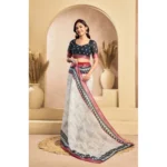 Women's Faux Linen Floral Print Ready to wear Saree With Unstitched Blouse 5.5Mtr (OffWhite) - Image 3