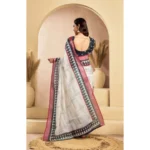 Women's Faux Linen Floral Print Ready to wear Saree With Unstitched Blouse 5.5Mtr (OffWhite) - Image 4