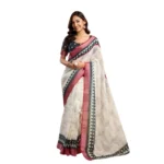 Women's Faux Linen Floral Print Ready to wear Saree With Unstitched Blouse 5.5Mtr (OffWhite) - Image 5
