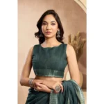 Women's Faux Linen Floral Ready to wear Saree With Unstitched Blouse 5.5Mtr (Light_Teal) - Image 2