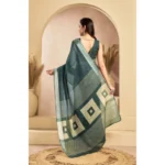 Women's Faux Linen Floral Ready to wear Saree With Unstitched Blouse 5.5Mtr (Light_Teal) - Image 4
