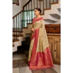 Women's Silk Blend Booti Work Ready to wear Saree With Unstitched Blouse 5.5Mtr (LightBeige) - Image 3