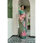 Women's Silk Blend Booti Work Ready to wear Saree With Unstitched Blouse 5.5Mtr (Peach) - Image 2