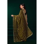 Women's Net Sequence Saree With Unstitched Blouse 5.5Mtr (Mahendi) - Image 4
