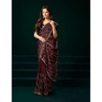 Women's Net Sequence Saree With Unstitched Blouse 5.5Mtr (Maroon) - Image 3