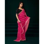 Women's Net Sequence Saree With Unstitched Blouse 5.5Mtr (Pink) - Image 3